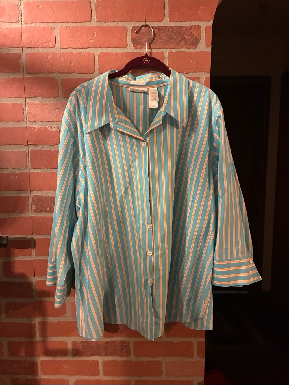 Liz Claiborne Aqua and White Striped Button-Down Shirt